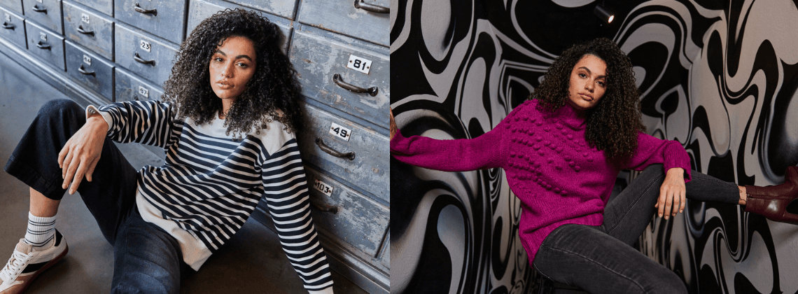 Vrouw met trui zittend tegen zebra print muur 