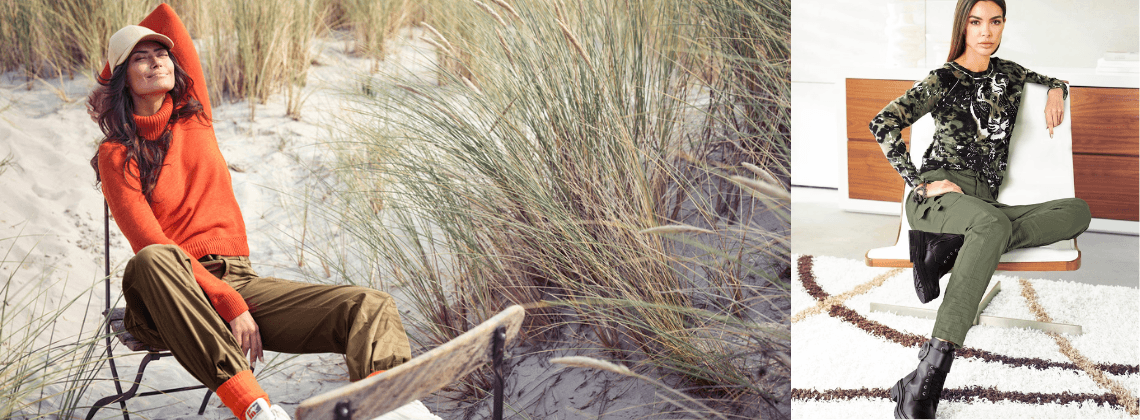 Vrouw zittend op een stoel op het strand met een groene cargobroek aan