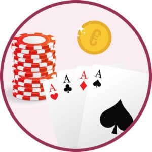 Een cirkel met getekende pokerfiches, 4 azen en geldmuntje erin