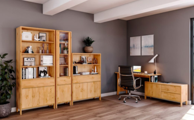 Werkkamer met verschillende houten meubels