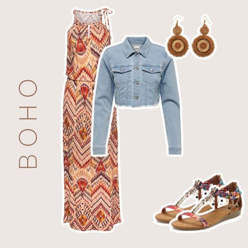 Alle onderdelen voor een boho outfit met een spijkerjasje