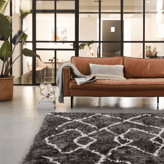 Woonkamer met een vloerkleed op de grond waar verschillende vormen op staan