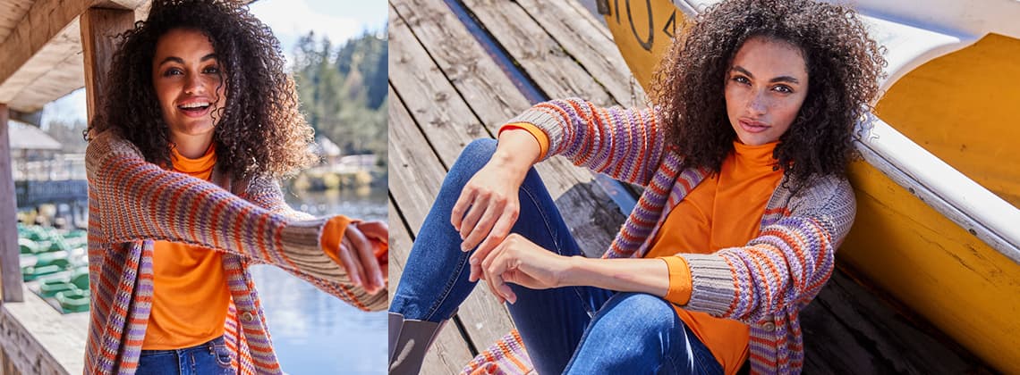 Header image with woman with orange top
