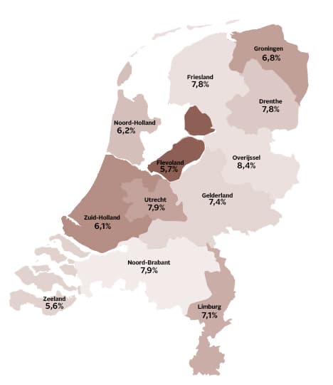 Het percentage cupmaat A of AA in de Nederlandse provincies