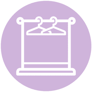 Cirkel met getekende klerenhanger die hangen in een kledingrek