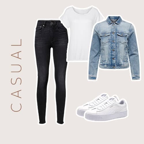 Alle onderdelen voor een casual outfit met een spijkerjasje