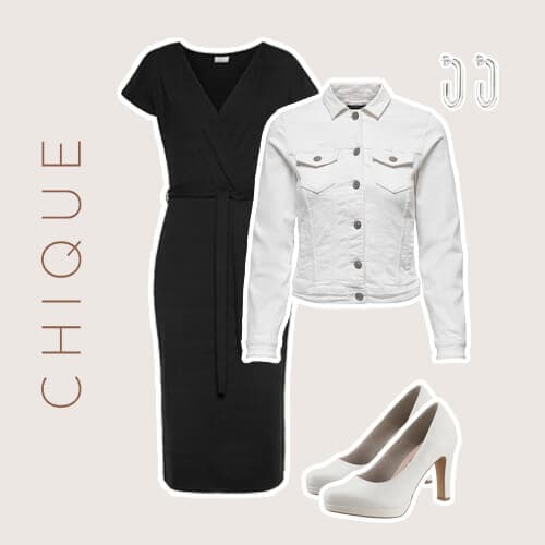 Alle onderdelen van een chique outfit met een wit spijkerjasje