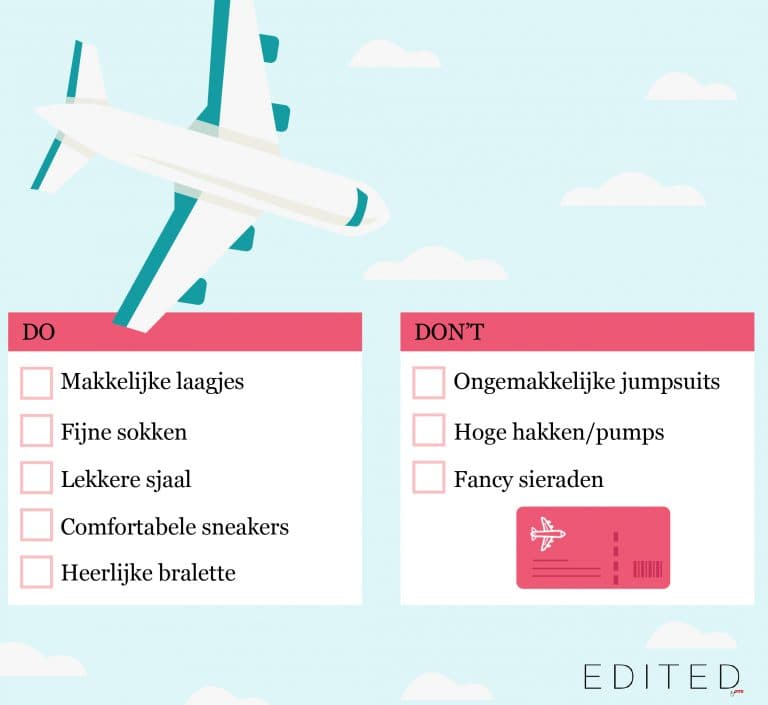 Tekening met do's en dont's outfits voor in het vliegtuig