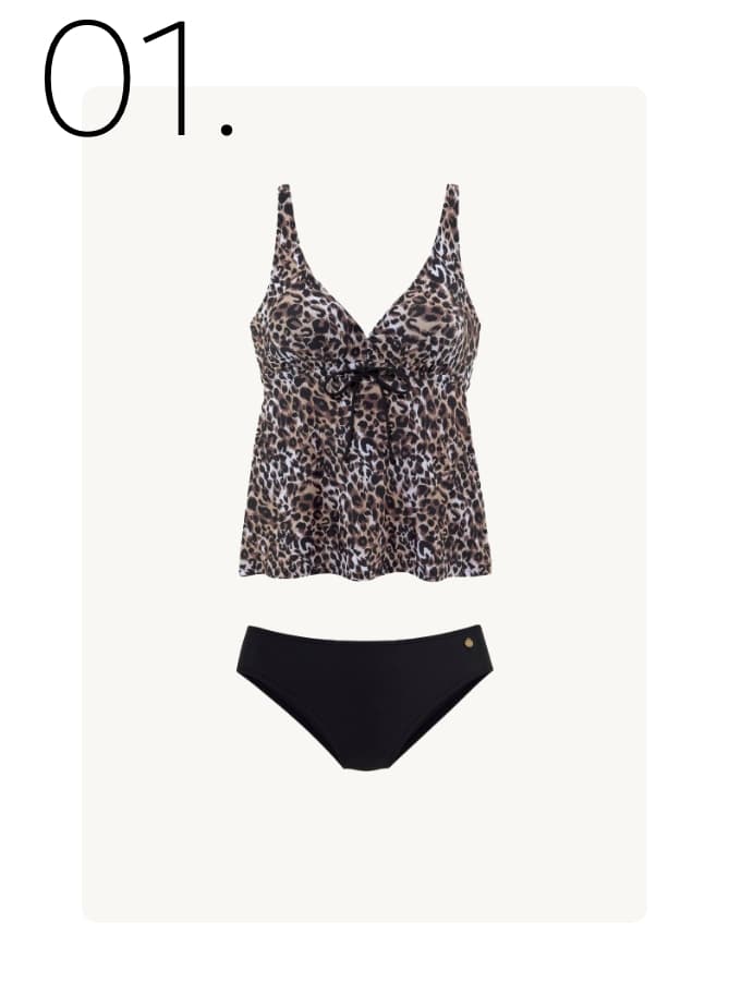 01. Luipaardprint tankini top met zwarte bikini broekje